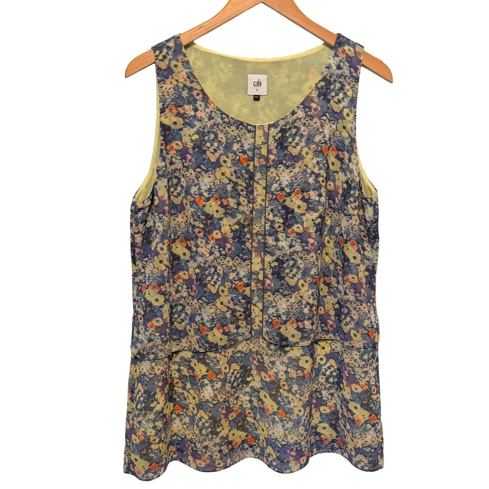 Cabi Sleeveless Blouse Sz L Positano Floral Tiered Lined Impressionist Tank Top